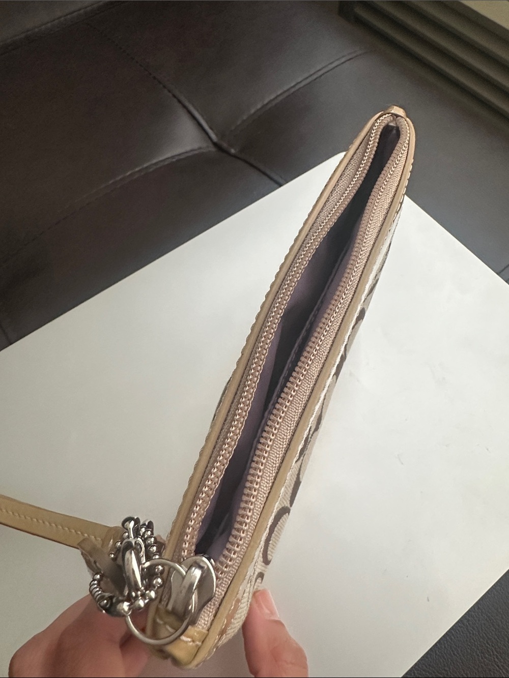 Coach Signature Canvas Wristlet with Tan Patent Leather Trim - Picture 10 of 10
